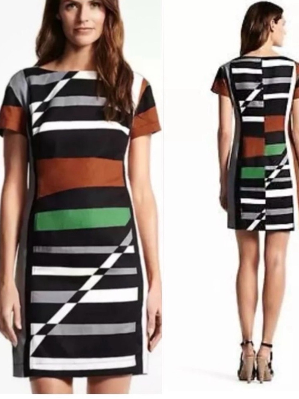 Derek Lam Black, White, Brown & Green Geometric Sheath Dress. Size 6